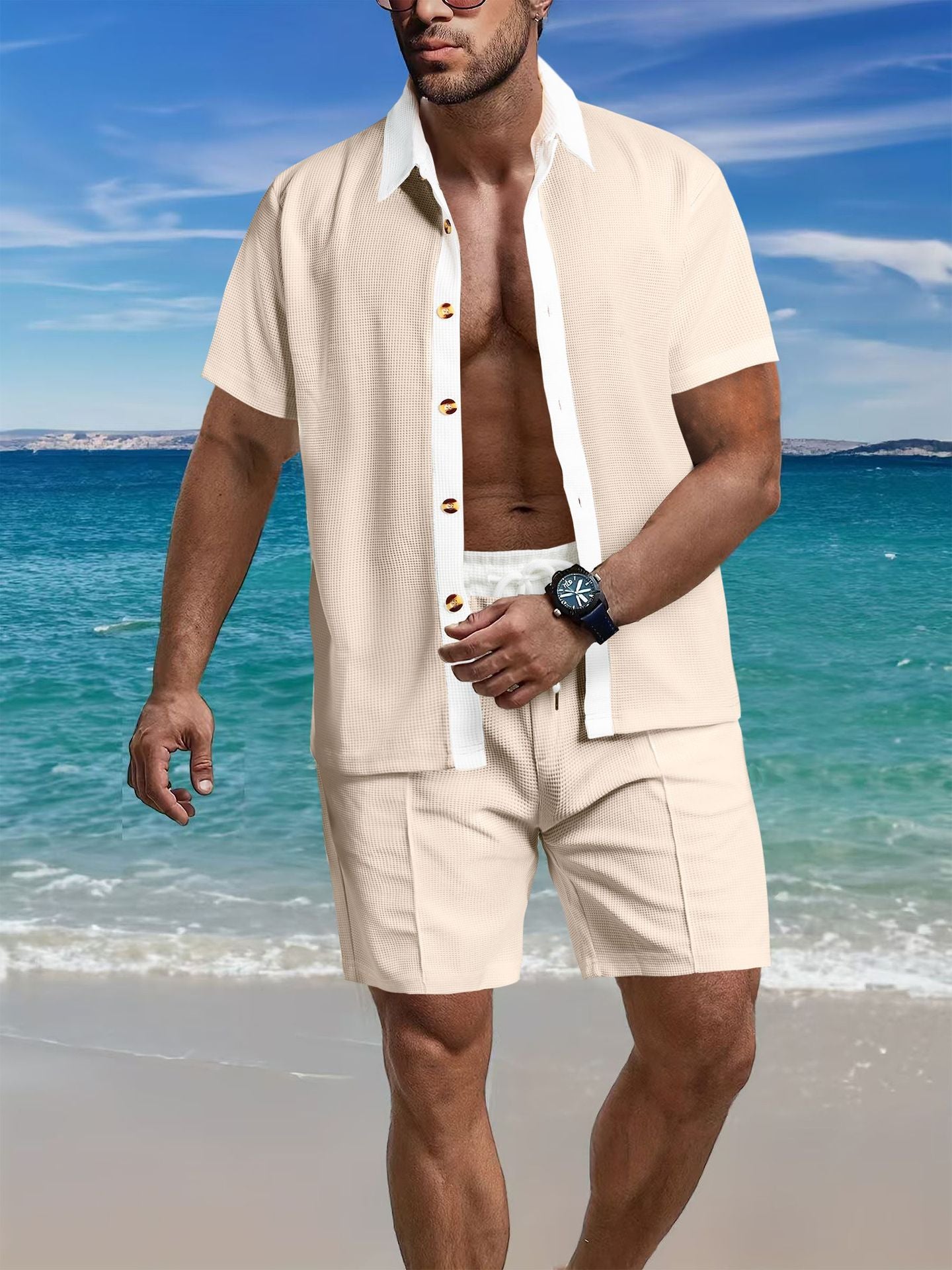 Herren Set Kurzarm Hemd und Shorts Strukturiert Sommer