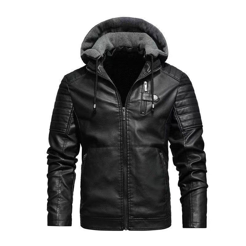 Herren Lederjacke mit abnehmbarem Kapuzenfutter Schwarz Ledermantel