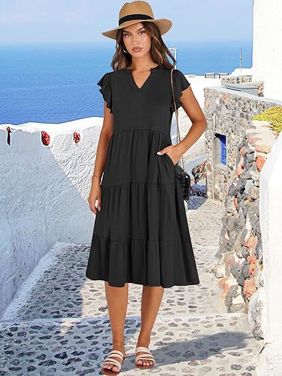 Damen Maxikleid mit Rüschendetails und Taschen Sommerkleid