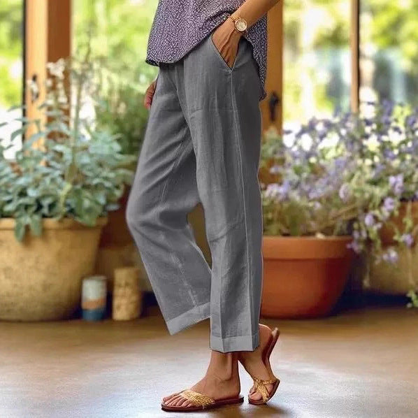 Damen Leinenhose Weit Bequem Mit Taschen