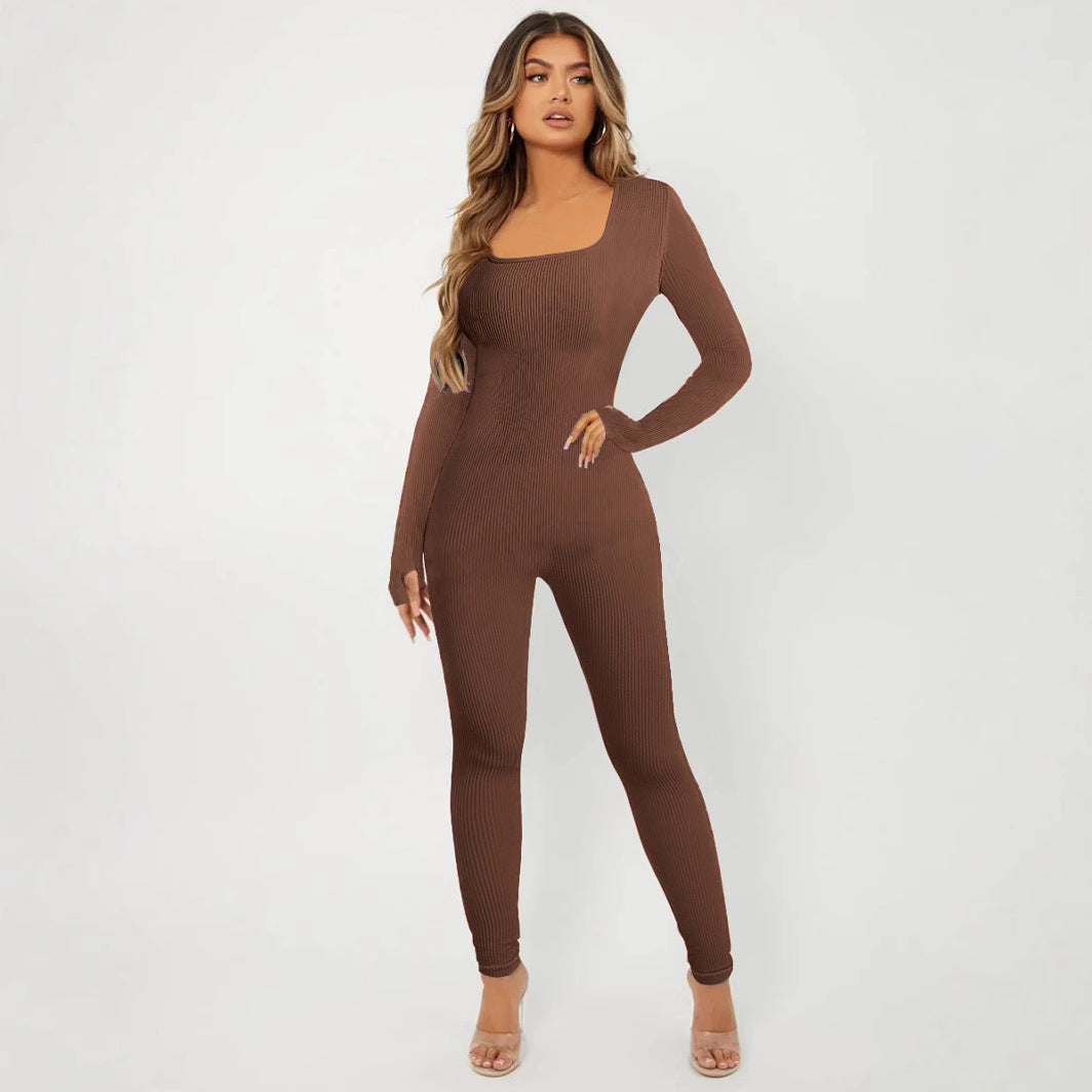 Elegante Damen Jumpsuit Langarm Rippenmuster Chic