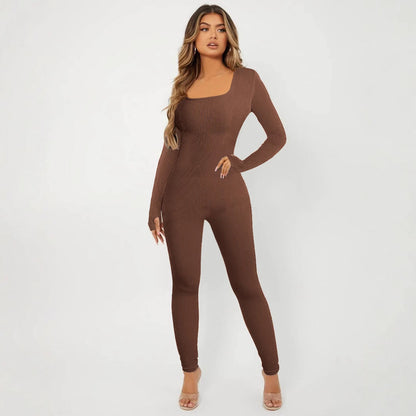 Elegante Damen Jumpsuit Langarm Rippenmuster Chic