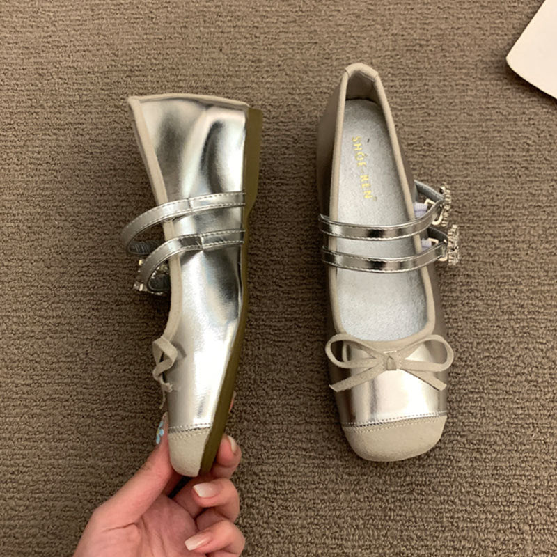 Damen Ballerinas Doppelriemen Schleifendetail Elegant
