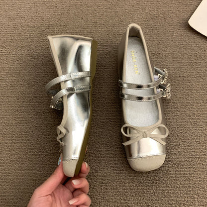 Damen Ballerinas Doppelriemen Schleifendetail Elegant