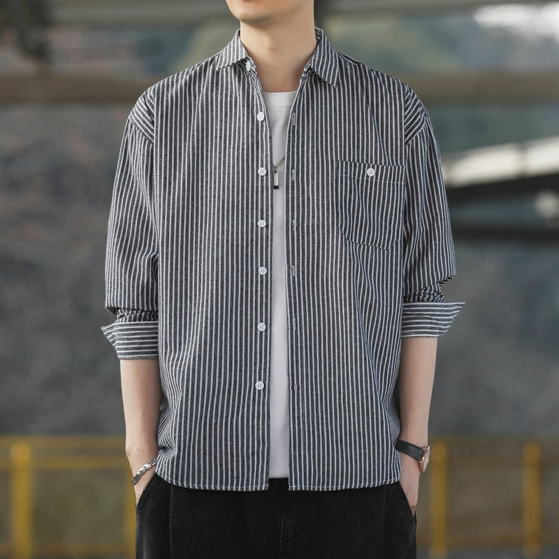 Herren Langarmhemd Leichtes Gestreiftes Baumwollshirt Modern