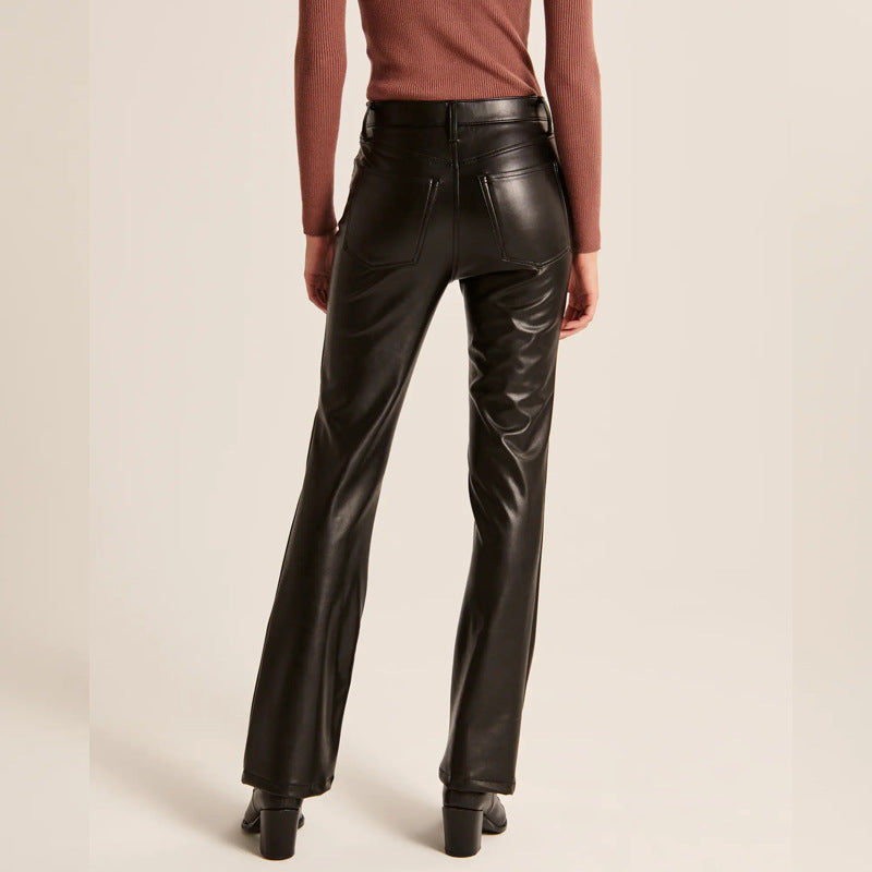 Damen Hose Kunstleder Geradbein Schwarze Stretchhose
