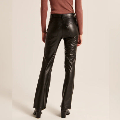 Damen Hose Kunstleder Geradbein Schwarze Stretchhose