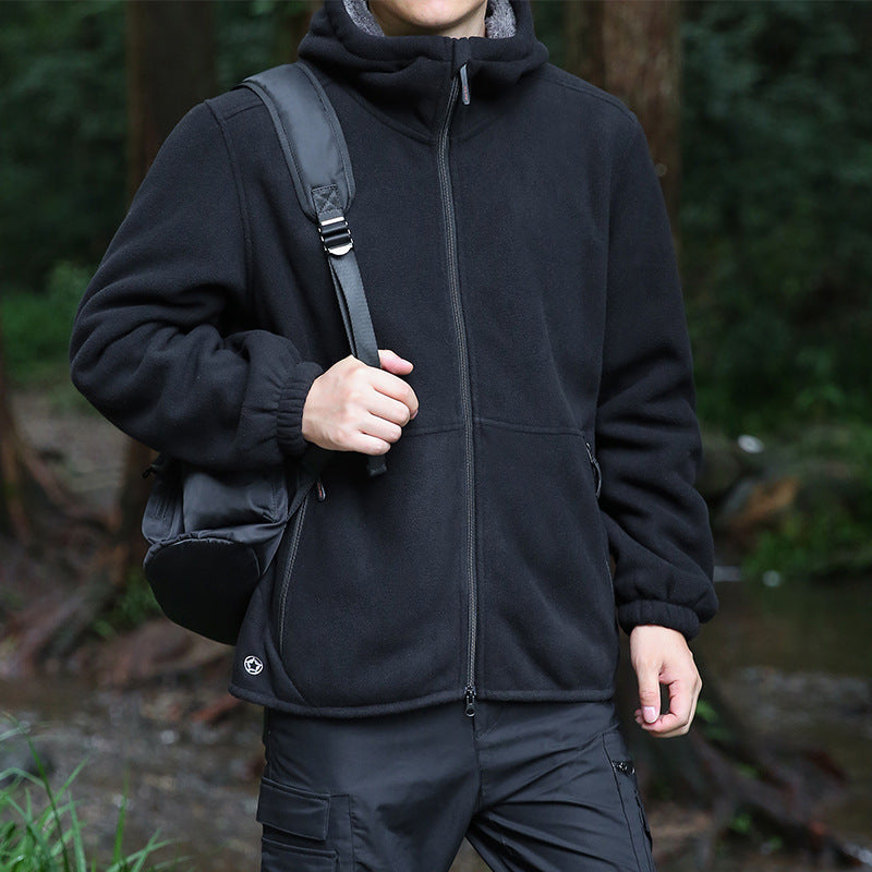 Herren Fleecejacke Warm Verstellbare Kapuze Reißverschluss Taschen
