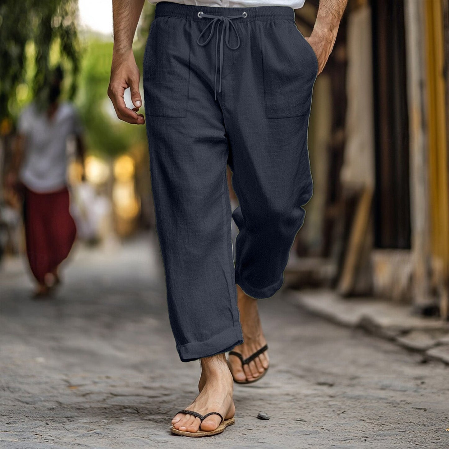 Herren Leinenhose Lässig Bequem mit Taschen