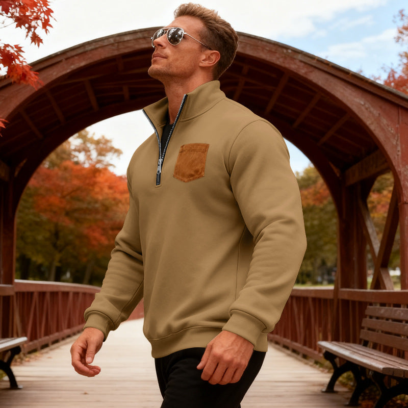 Herren Fleecepullover Mit Reißverschluss und Brusttasche Warm
