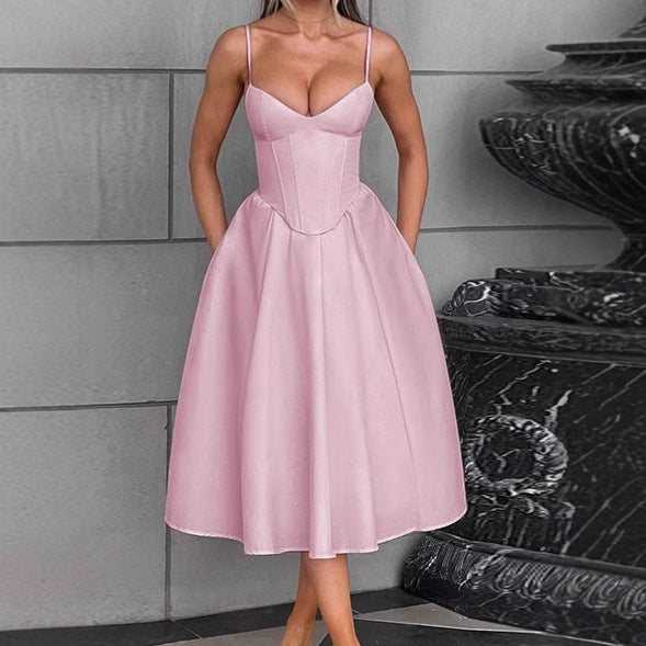 Damen Midi-Kleid Elegantes A-Linie Spaghettiträger Weich - BerlinGlamour