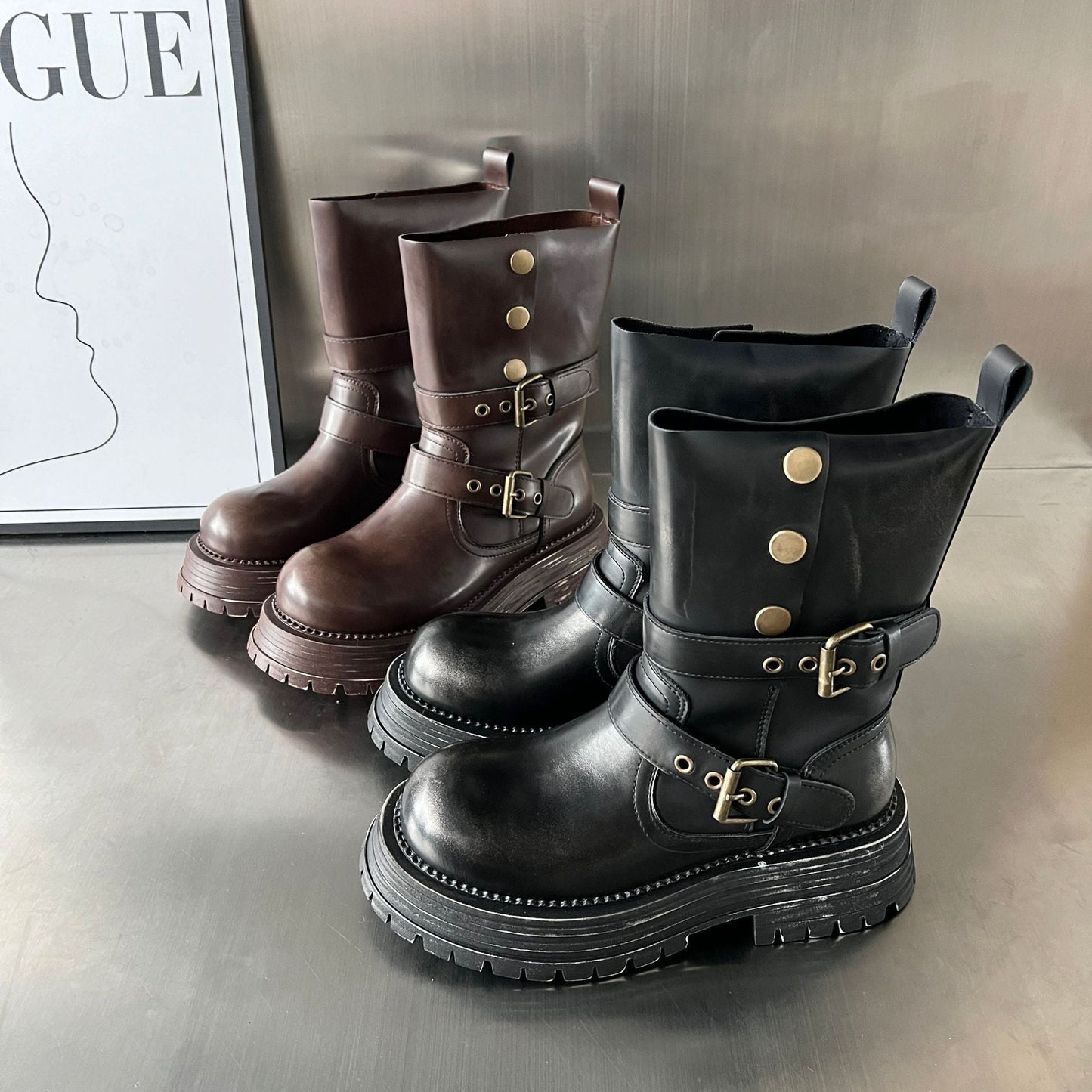 Damen Biker-Stiefel Robust Schnallen Schwarz Modisch