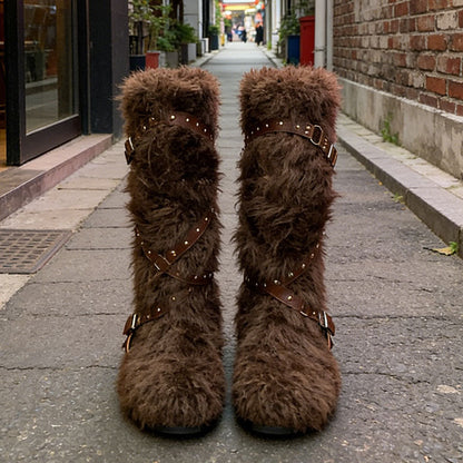 Damen Winterstiefel Flauschig mit Schnallen Schwarz