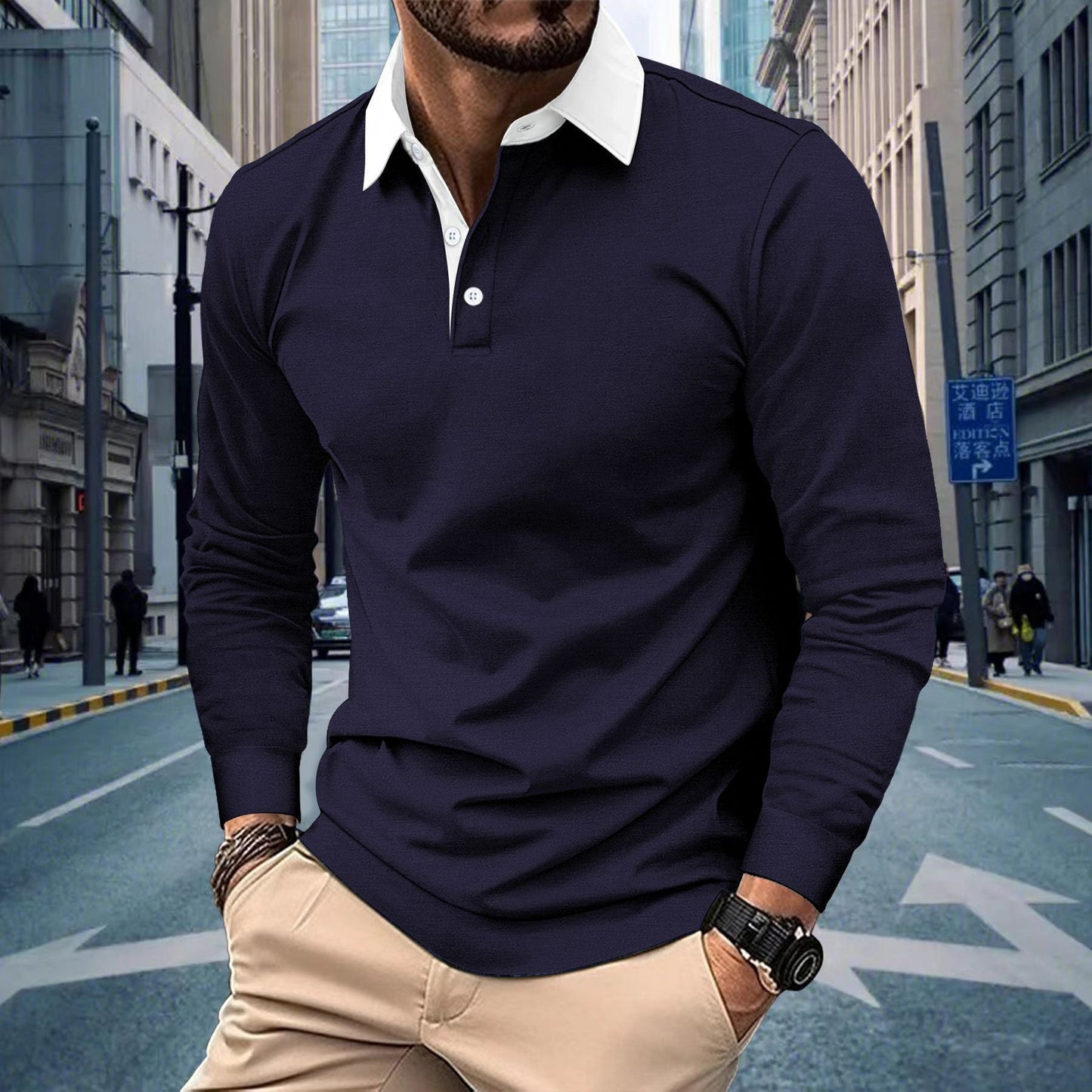 Herren Polohemd Langarm Modern Slim Fit Bequem