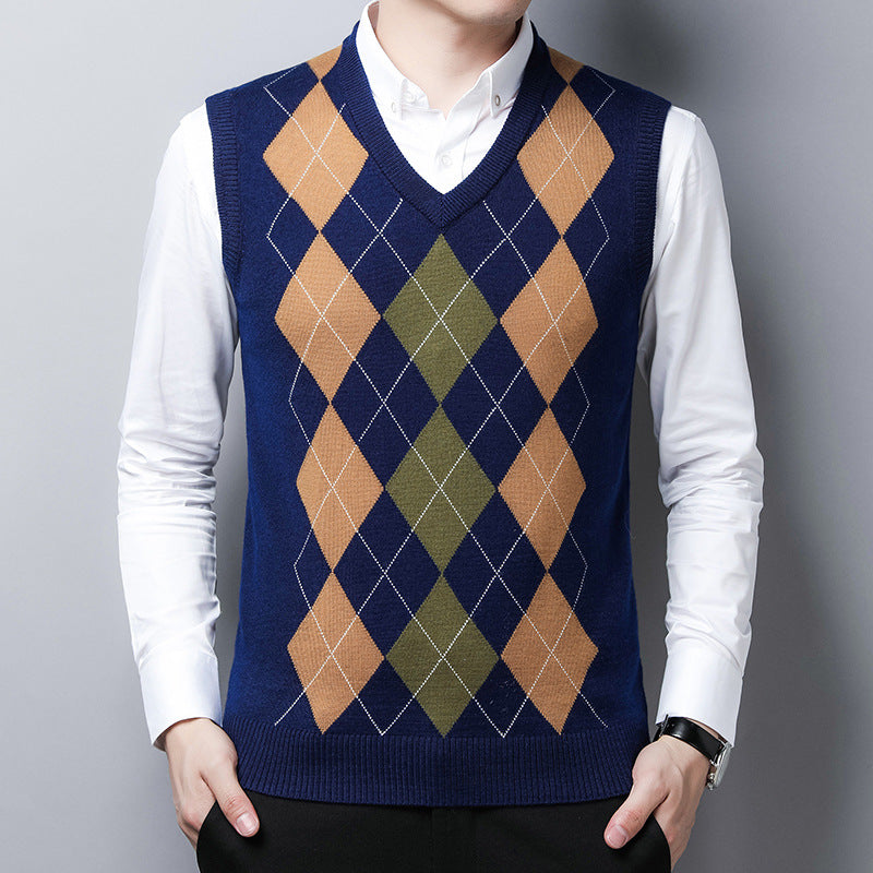 Herren Strickpullover V-Ausschnitt Rautenmuster Eleganter Pullover