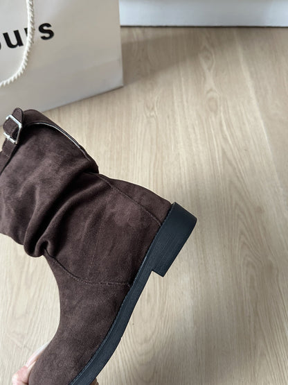 Damen Stiefel Mit Schnalle Und Falten Design