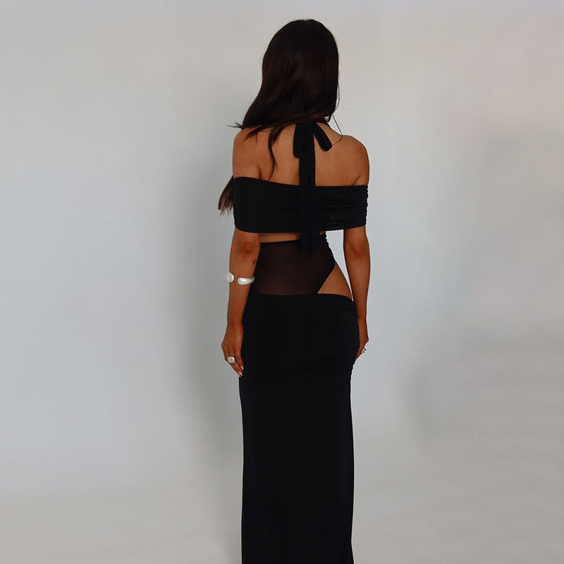 Damen Cocktailkleid Schulterfrei mit Netz-Einsatz Elegant