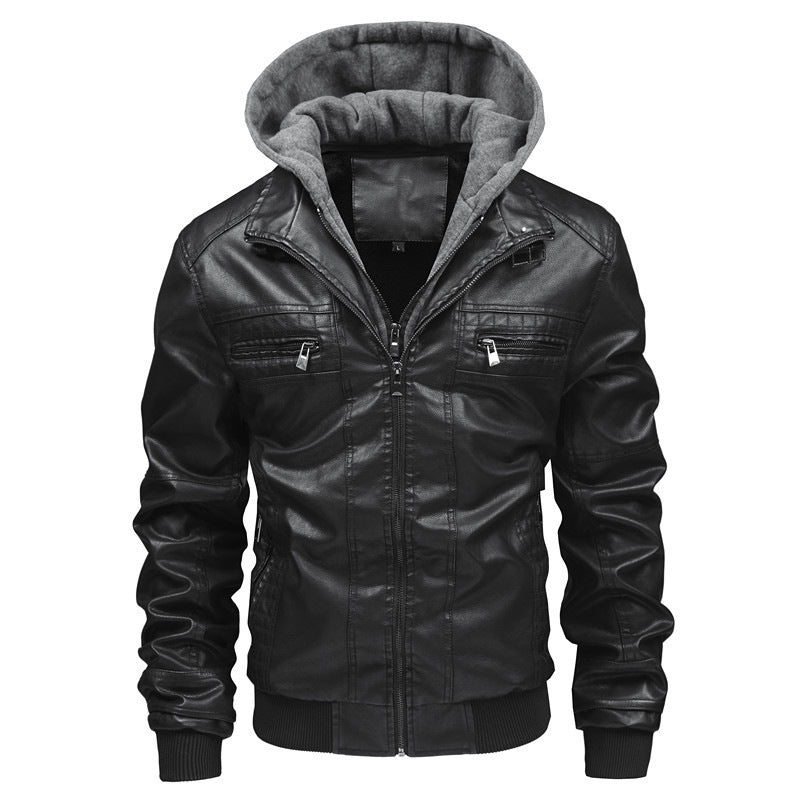 Lederjacke Herren mit abnehmbarer Kapuze Schwarz Ledermantel