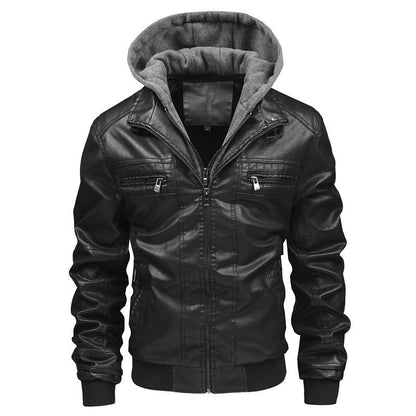 Lederjacke Herren mit abnehmbarer Kapuze Schwarz Ledermantel