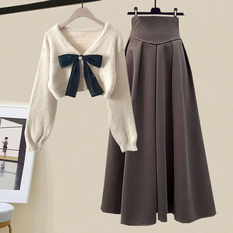 Damen Pullover Set Herbst Strick Plüschrock