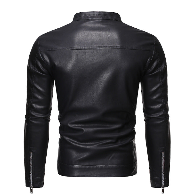 Lederjacke Herren Stehkragen Modern Schwarz Ledermantel