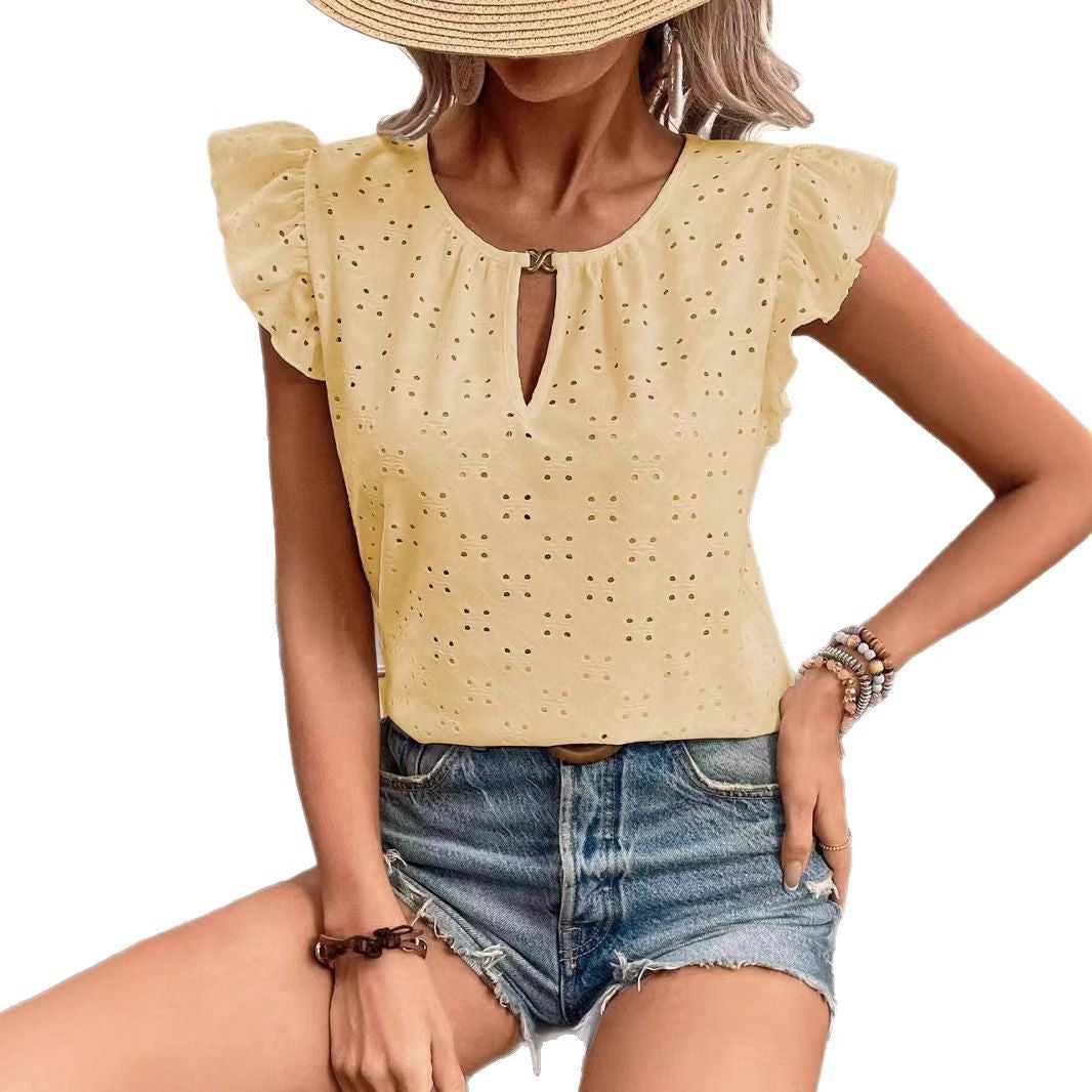 Damen Bluse Rüschendetails Lochstickerei Elegant