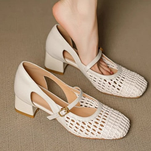 Damen Pumps Elegante Mary Jane Schuhe mit Geflecht Blockabsatz - BerlinGlamour
