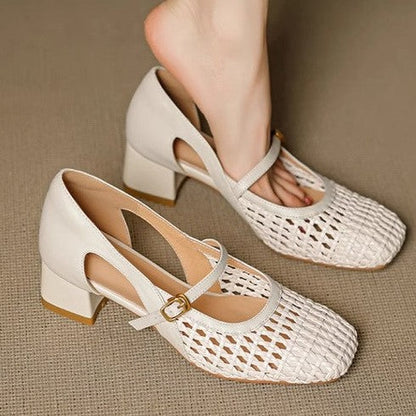 Damen Pumps Elegante Mary Jane Schuhe mit Geflecht Blockabsatz - BerlinGlamour