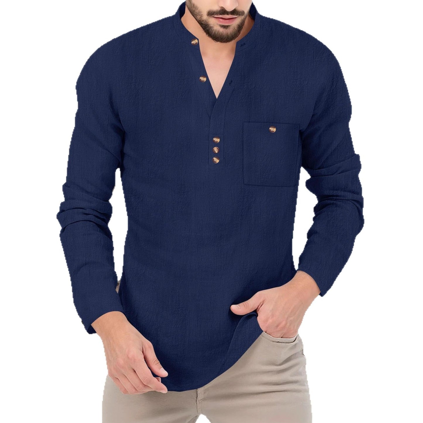 Herren Langarmshirt Mit Knopfleiste Und Brusttasche Modern Casual