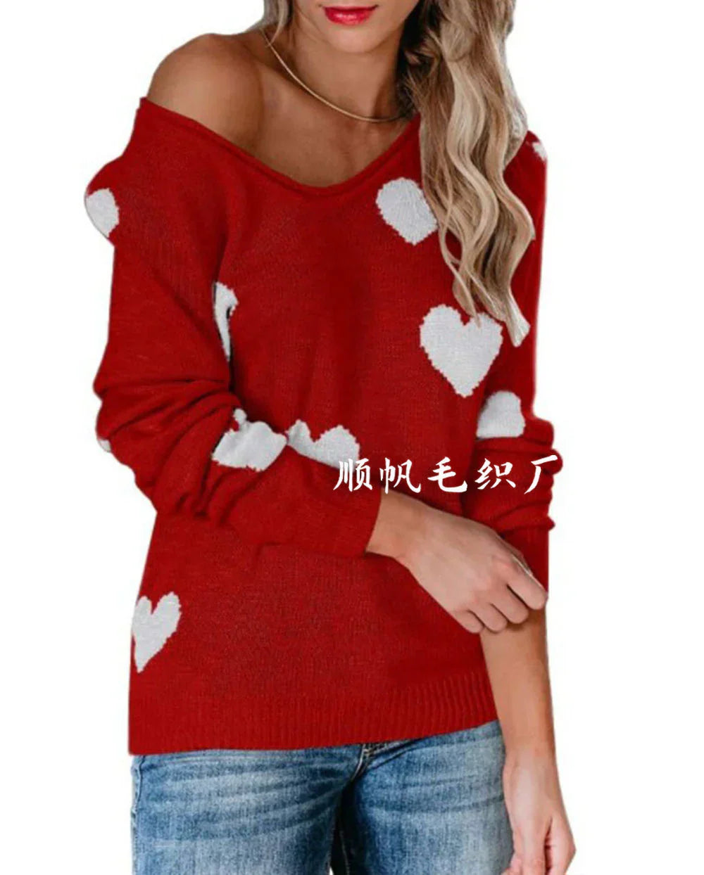 Weihnachtspullover Damen Herzmuster Rot Festlich