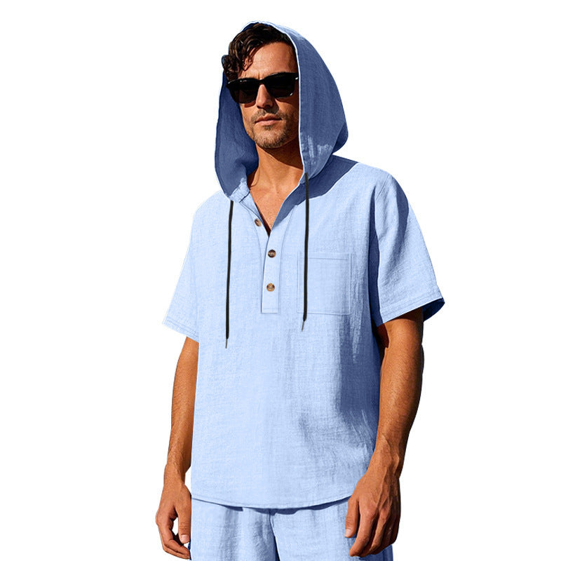 Männer Kapuzen-T-Shirt mit Knöpfen und Brusttasche Sportlich