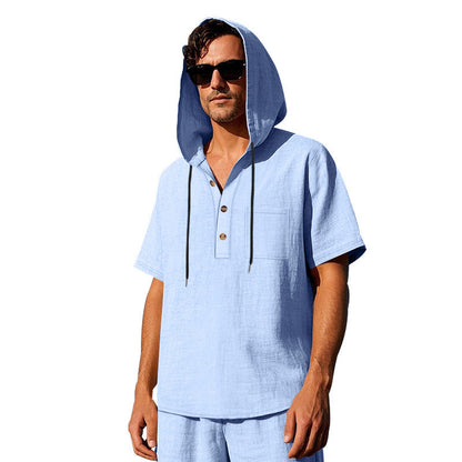 Männer Kapuzen-T-Shirt mit Knöpfen und Brusttasche Sportlich