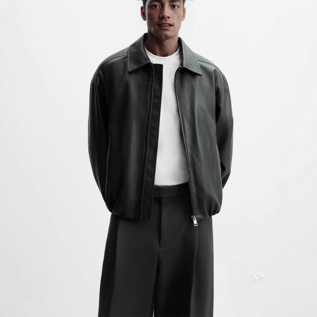 Herren Lederjacke Elegant Stehkragen Reißverschluss Schwarz - BerlinGlamour