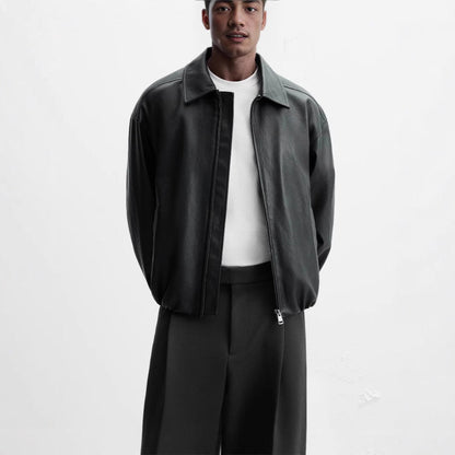 Herren Lederjacke Elegant Stehkragen Reißverschluss Schwarz - BerlinGlamour