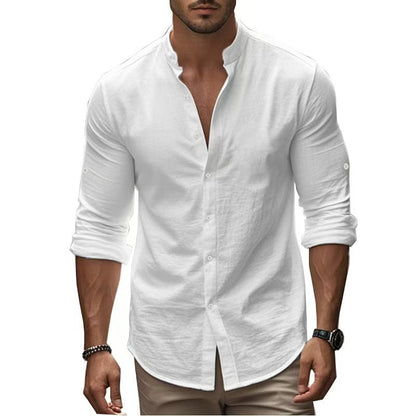 Herren Leinenhemd Langarm Mandarin Kragen Elegant