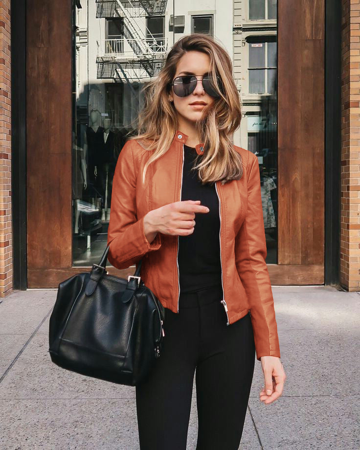Leder Bikerjacke Damen Modern Urban Schwarz
