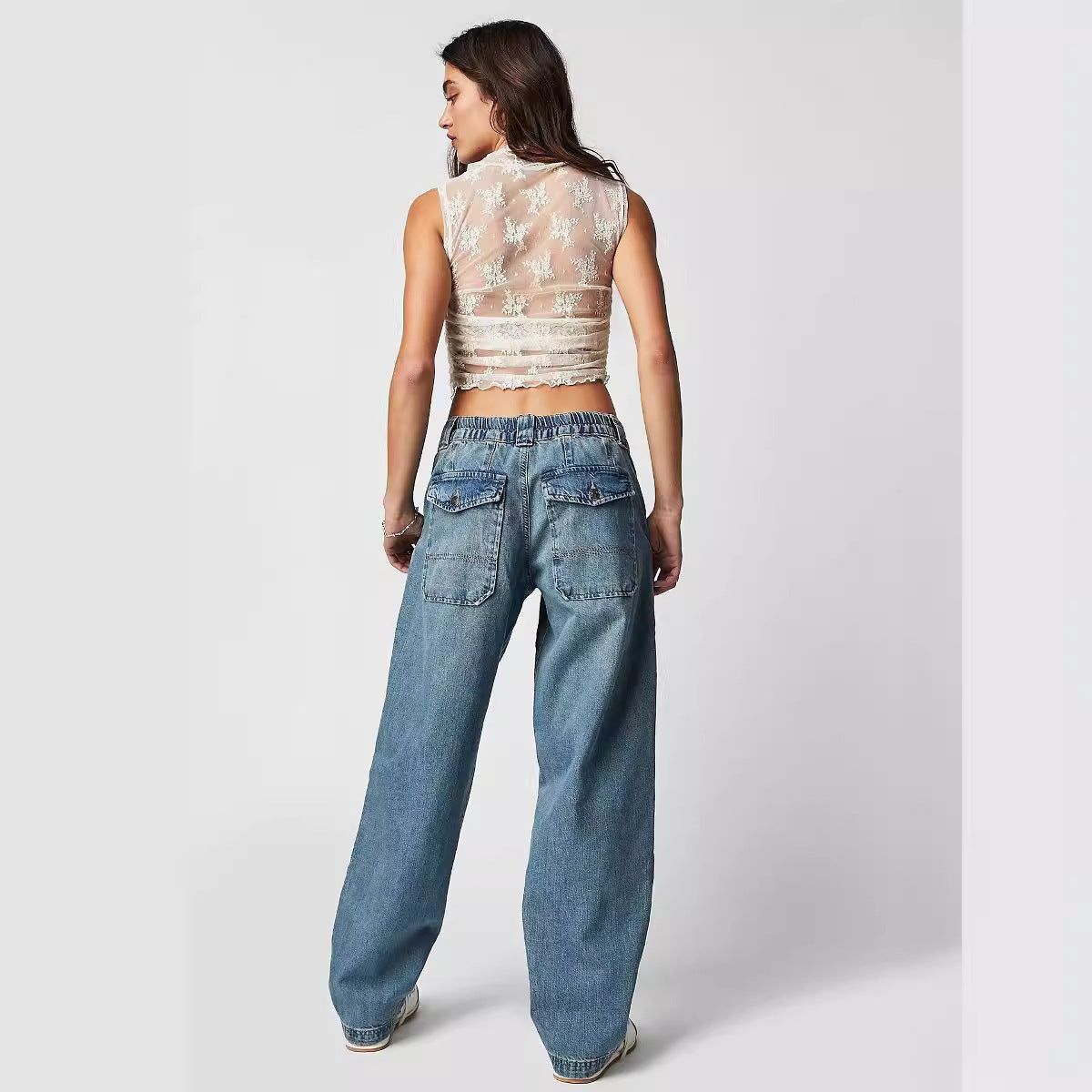 Damen Jeans Weite Bequem mit Gürtel und Taschen
