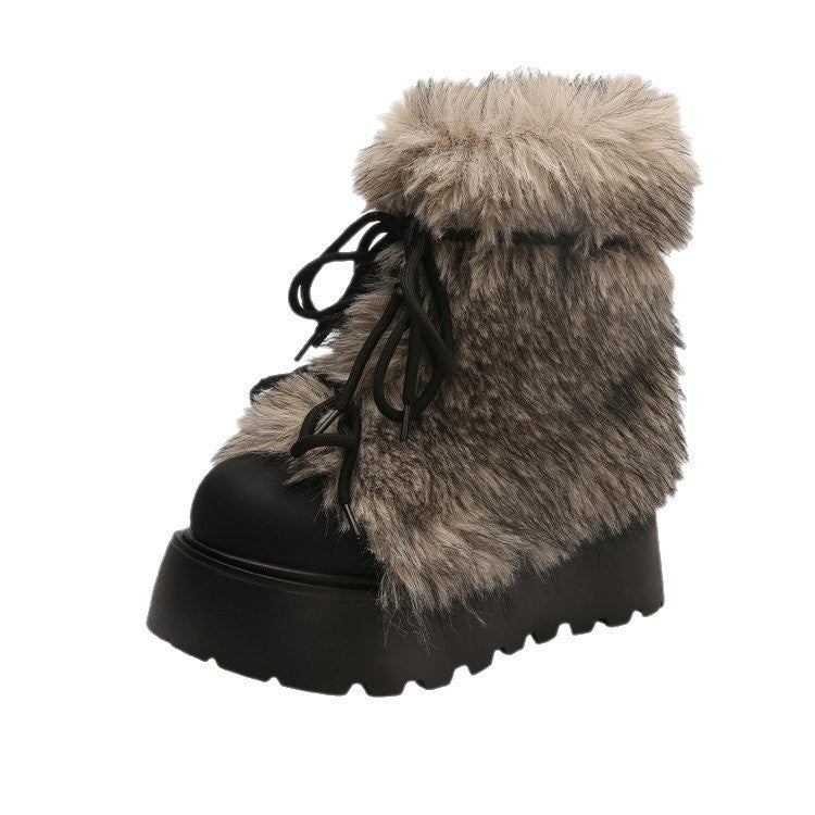 Damen Winterstiefel Schnürboots Warm Fellkragen Rutschfest