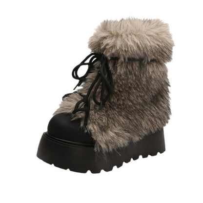 Damen Winterstiefel Schnürboots Warm Fellkragen Rutschfest