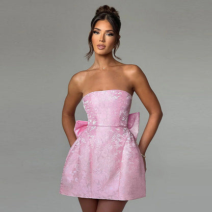 Kurzes Abendkleid Schulterfrei Champagnerfarbe Schleife