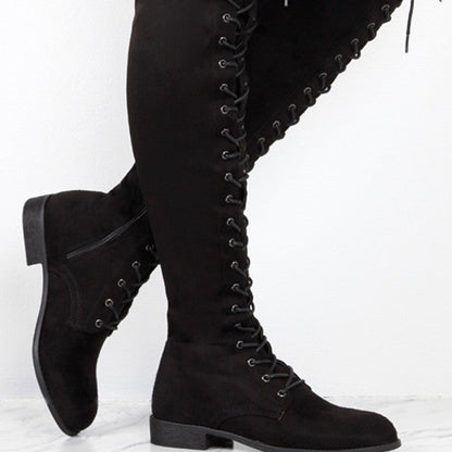 Damen Stiefel Überknie Weiches Wildleder Schnürstiefel