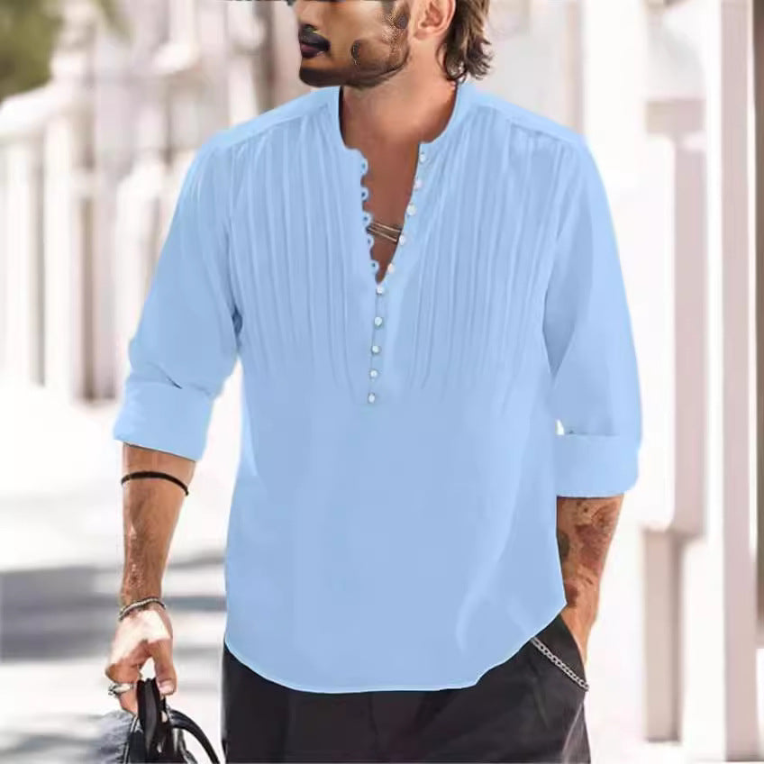 Herren Langarmshirt Elegant mit Knöpfen und Falten Modern