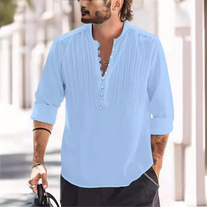 Herren Langarmshirt Elegant mit Knöpfen und Falten Modern