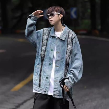 Herren Denimjacke Bunt Ethno Design Reißverschluss