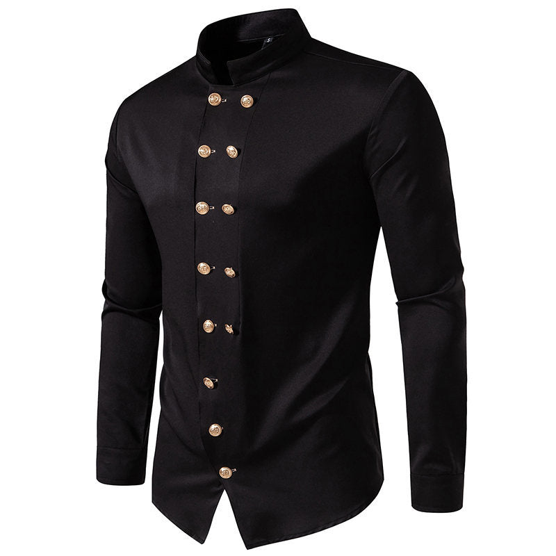 Herren Hemd Modern Stehkragen Goldknöpfe Elegantes Design