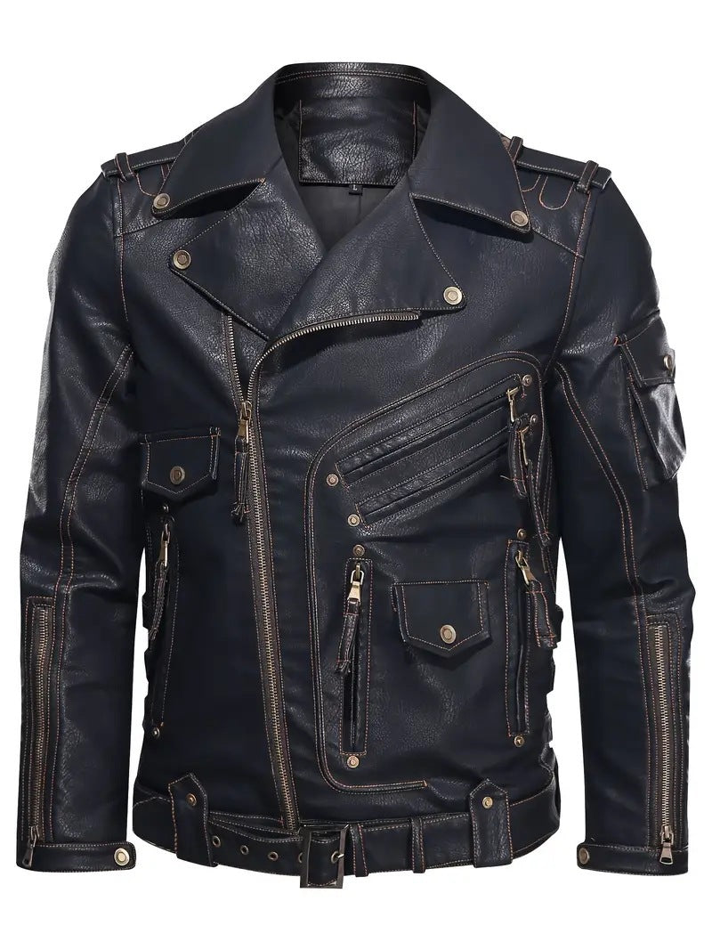 Leder Bikerjacke Herren mit Reißverschlusstaschen Gürtel Detail Schwarz