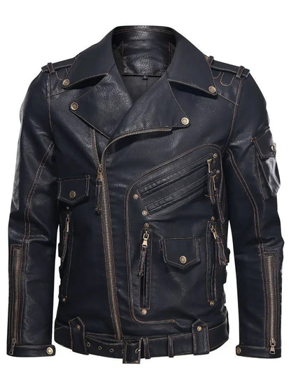 Leder Bikerjacke Herren mit Reißverschlusstaschen Gürtel Detail Schwarz