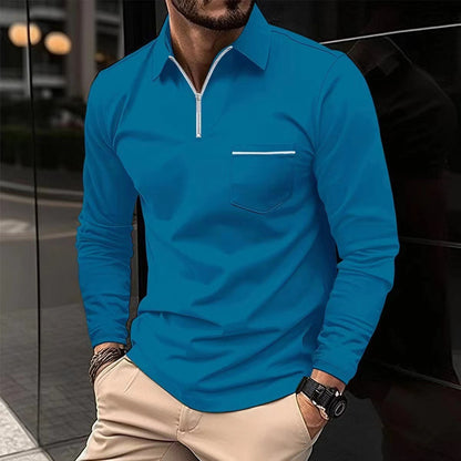 Herren Langarmshirt Reißverschluss Brusttasche Modern