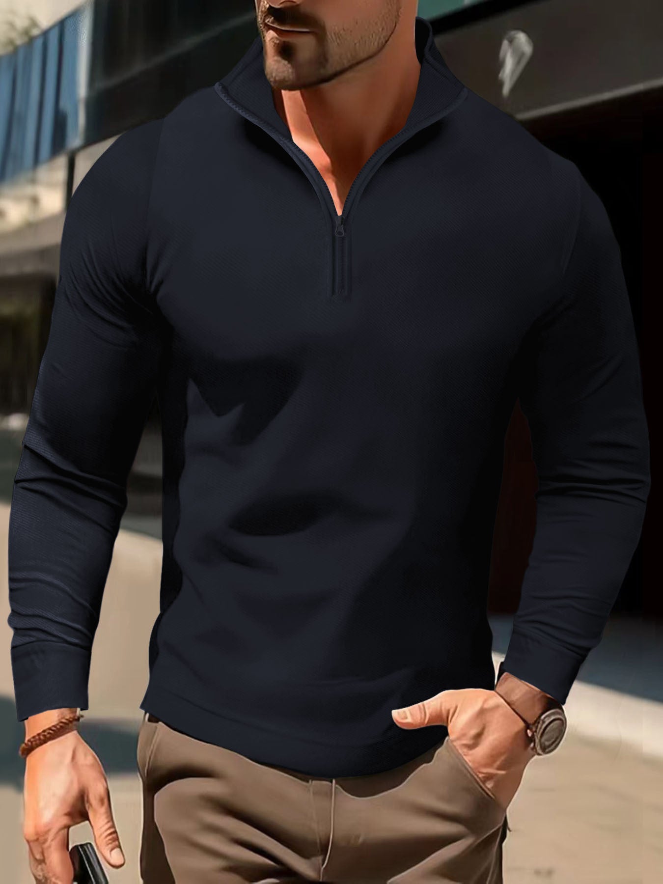 Herren Langarmshirt Sportlich Halb Reißverschluss Fitness