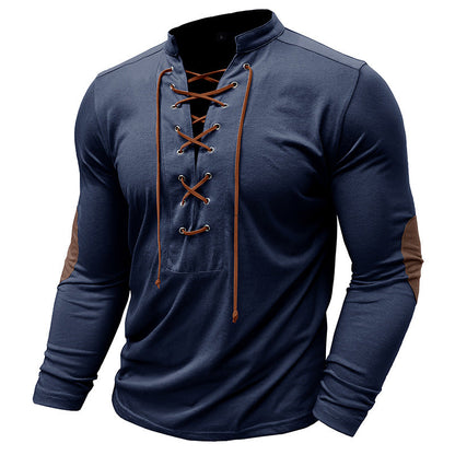 Herren Langarmshirt Modern mit Schnürung und V-Ausschnitt